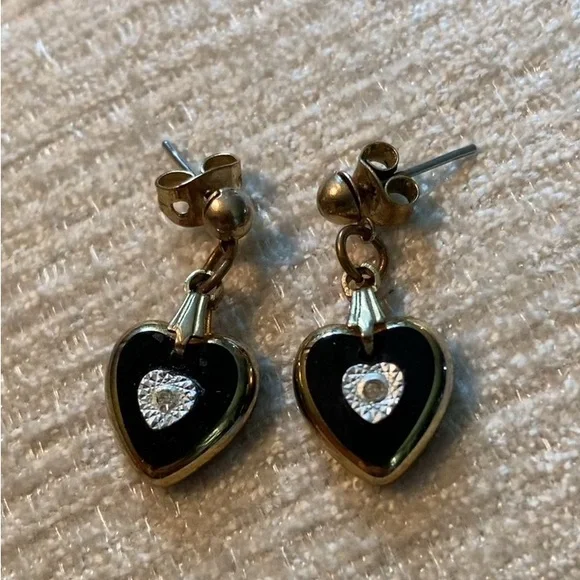 Vintage Rhinestone Gold and Black Heart Earrings - Dangle Drop Post Earrings - Picture 2 of 4